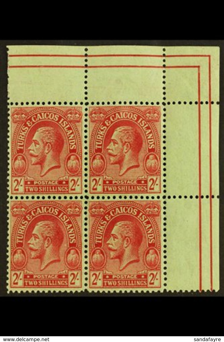 1922-26 2s Red On Emerald Wmk MCA, SG 174, Superb Never Hinged Mint Top Right Corner BLOCK Of 4, Very Fresh. (4 Stamps)  - Turks & Caicos