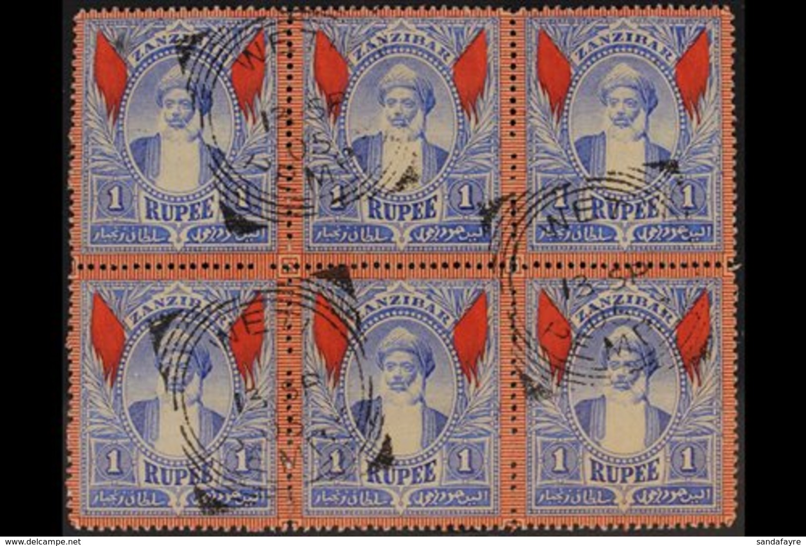 1899 1r Blue, Sultan, SG 200, Fine Used Block Of 6 With "WETI" Cancels. Few Small Faults But A Scarce Multiple. For More - Zanzibar (...-1963)