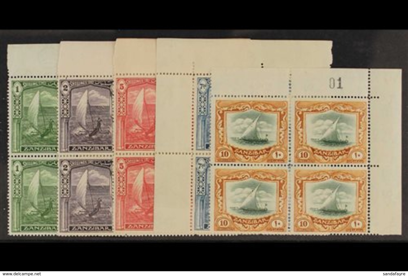 1936 1s To 10s High Values, Wmk Script , SG 318/22, In Never Hinged Mint Blocks Of 4. (20 Stamps) For More Images, Pleas - Zanzibar (...-1963)