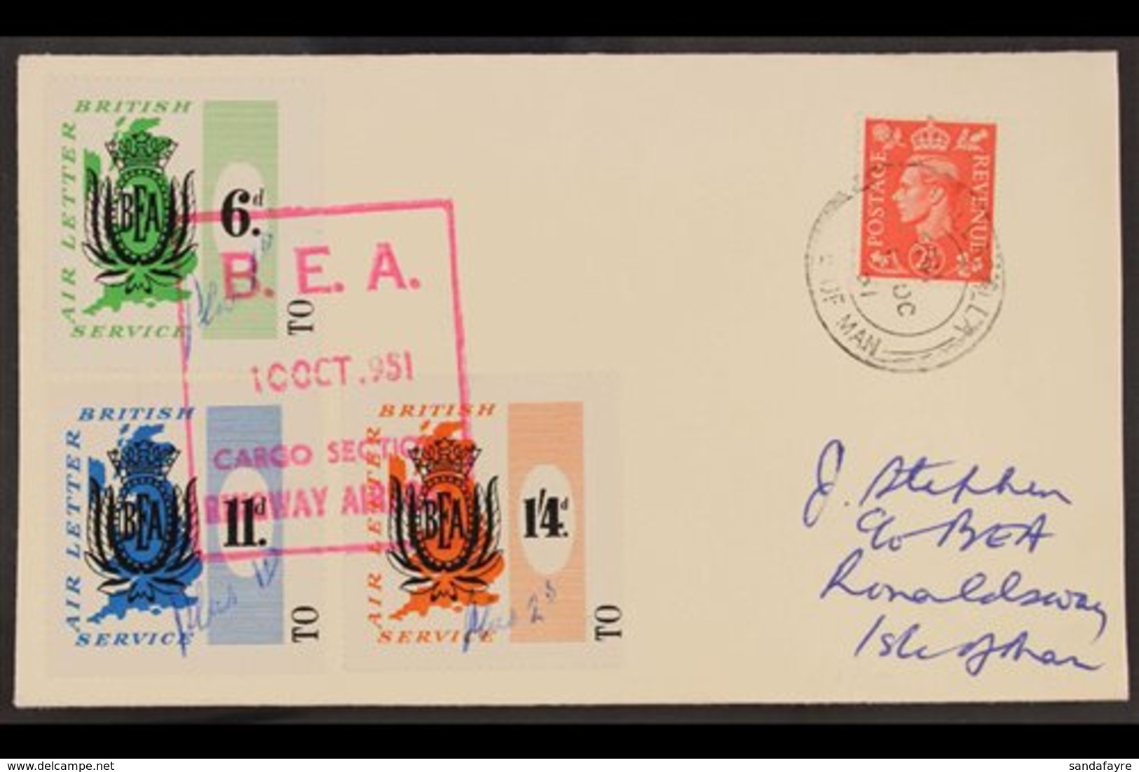 ISLE OF MAN 1951 (10 Oct) B.E.A. AIR LETTER COVER To The Isle Of Man Bearing B.E.A. 6d, 11d And 1s4d Labels With Manuscr - Altri & Non Classificati