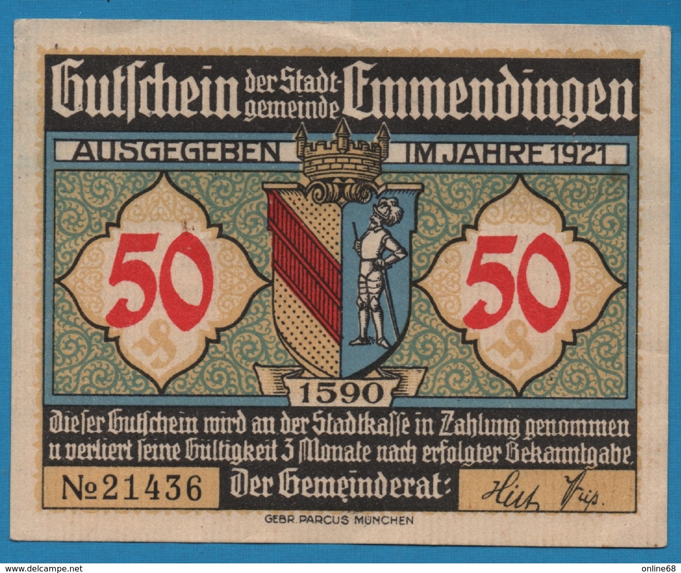 EMMENDINGEN 50 PFENNIG 1921 MARKTPLATZ  No 16430 - [11] Emissioni Locali