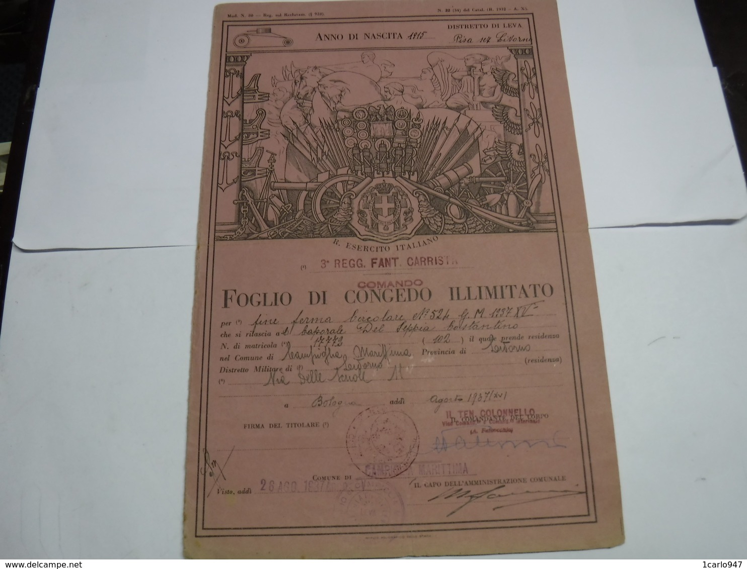 CONGEDO MILITARE  II GUERRA   ---  3° REGGIMENTO FANTERIA CARRISTA - Documents