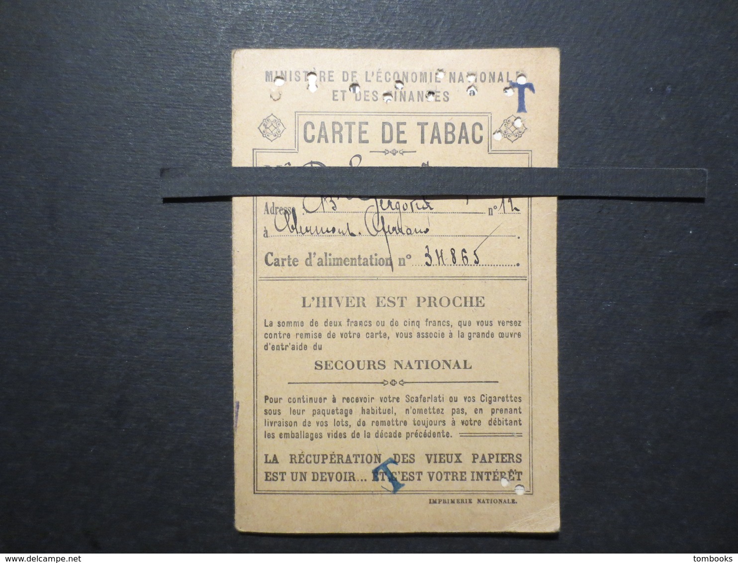 63 - Clermont - Ferrand - Carte De Tabac - Bon De Solidarité 5 Francs - Tabac J. Nicolas 25  Bld , Lafayette - 1942 - - Documents