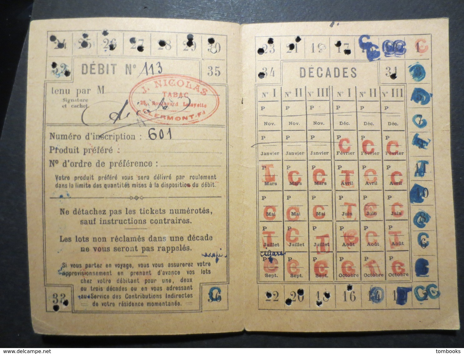 63 - Clermont - Ferrand - Carte De Tabac - Bon De Solidarité 5 Francs - Tabac J. Nicolas 25  Bld , Lafayette - 1942 - - Documenti