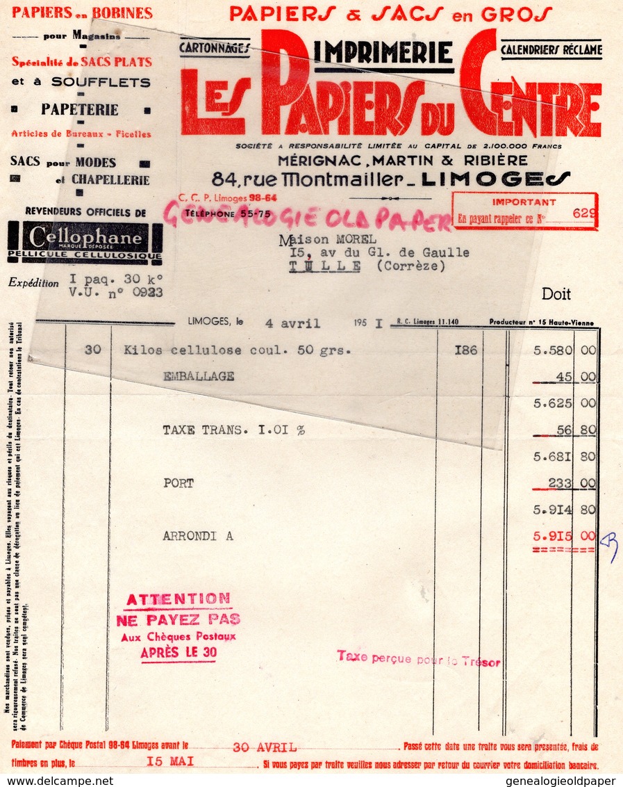 87 - LIMOGES - FACTURE IMPRIMERIE " LES PAPIERS DU CENTRE " PAPETERIE- MERIGNAC-MARTIN-RIBIERE-84 RUE MONTMAILLER-1951 - Drukkerij & Papieren