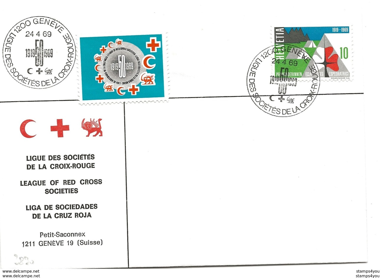 206 - 54 - Enveloppe Avec Oblit Spéciale "Ligue Des Sociétés De La Croix-Rouge 1969 Genève" + Vignette - Marcophilie