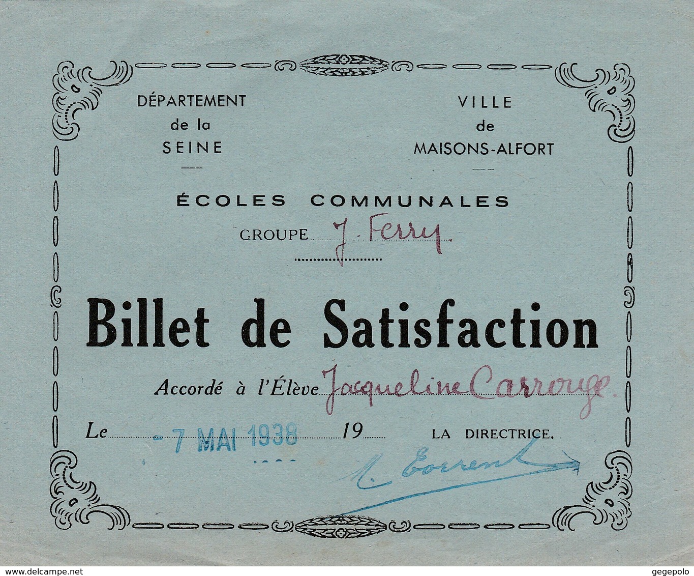 Ville De MAISONS-ALFORT (94) - Ecoles Communales Jules Ferry -  ( 2 ) Billet De Satisfaction  ( En L'état D'usage ) - Diploma & School Reports