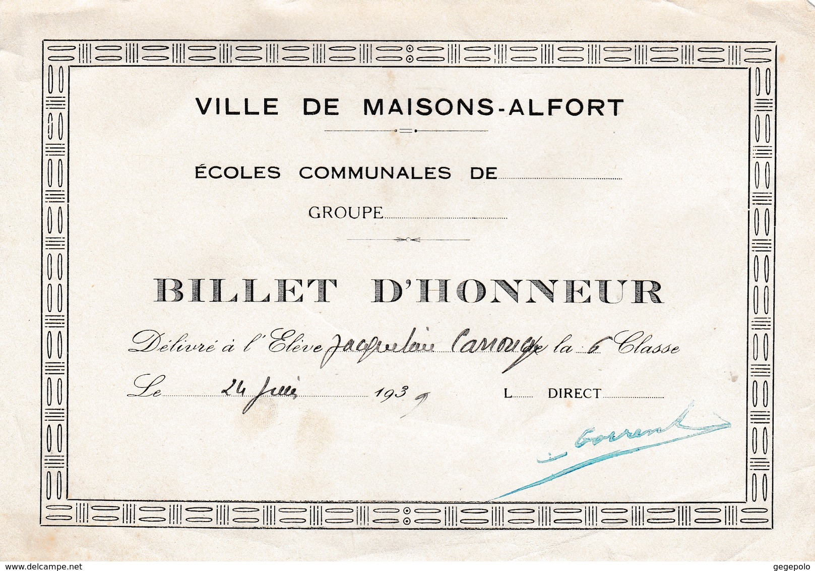 Ville De MAISONS-ALFORT (94) - Ecoles Communales Jules Ferry -  ( 2 ) Billet D'Honneur  ( En L'état D'usage ) - Diplome Und Schulzeugnisse