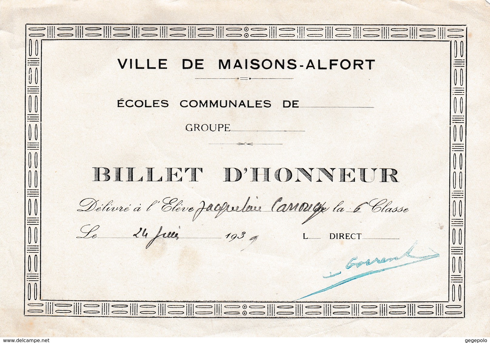 Ville De MAISONS-ALFORT (94) - Ecoles Communales Jules Ferry -  ( 2 ) Billet D'Honneur  ( En L'état D'usage ) - Diplômes & Bulletins Scolaires