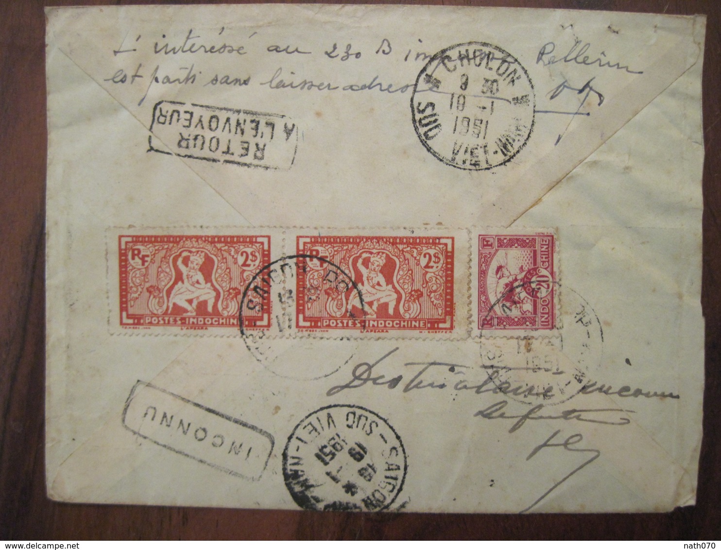 INDOCHINE 1951 France Indo Chine Lettre Enveloppe Cover Colonie Retour Envoyeur Inconnu Parti Sans Laisser Adresse RARE - Lettres & Documents