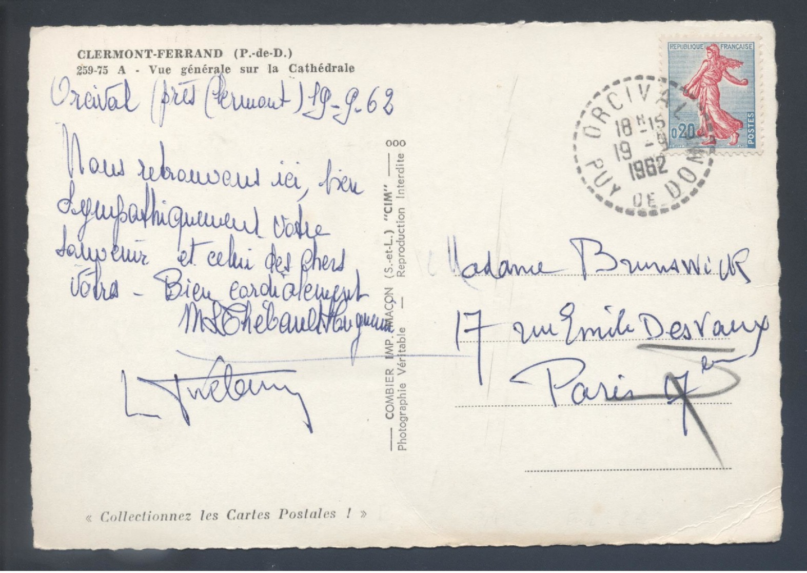 Orcival Puy De Dôme Type B7 Recette Distribution 1232 Semeuse Seul Tarif 20c CP Clermont Ferrand Vue Sur La Cathédrale - Manual Postmarks