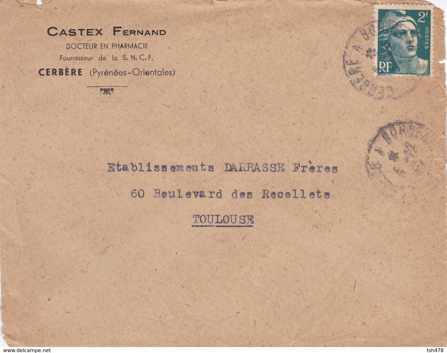 LETTRE--66---CERBERE--CASTEX Fernand--Docteur En Pharmacie--fournisseur De La S.N.C.F.--voir 2 Scans - 1921-1960: Période Moderne