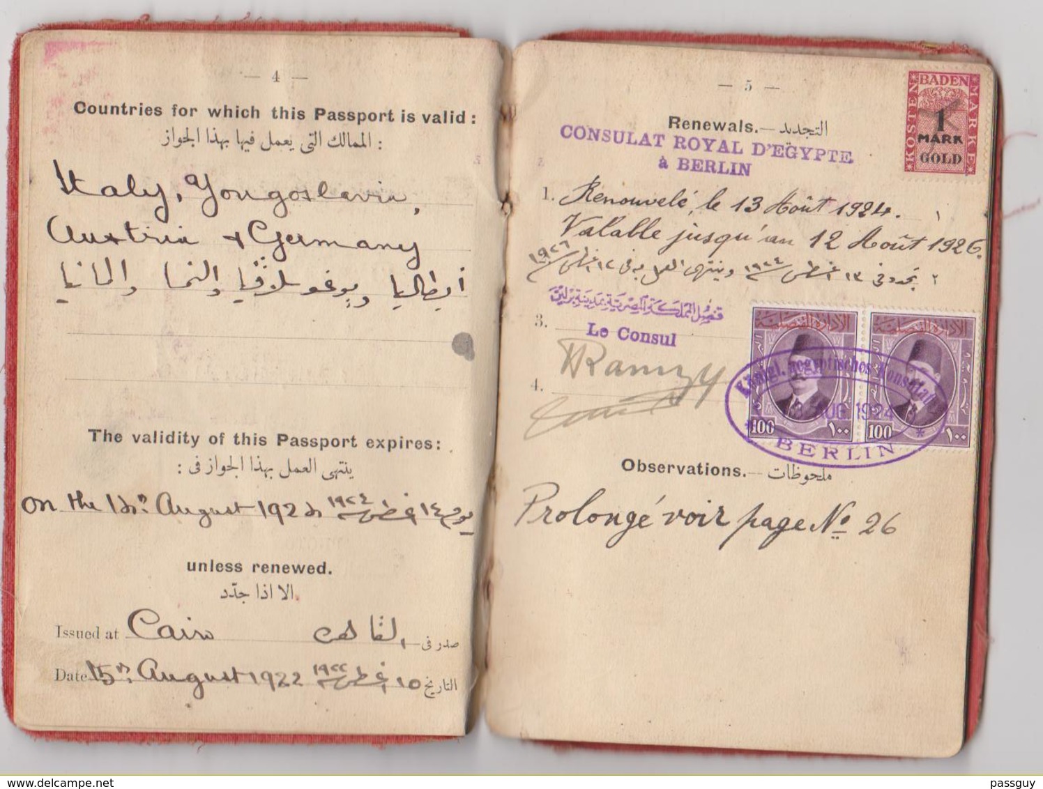 EGYPT Passport 1922 EGYPTE Passeport – Reisepaß – Revenues/Fiscaux - Historische Dokumente