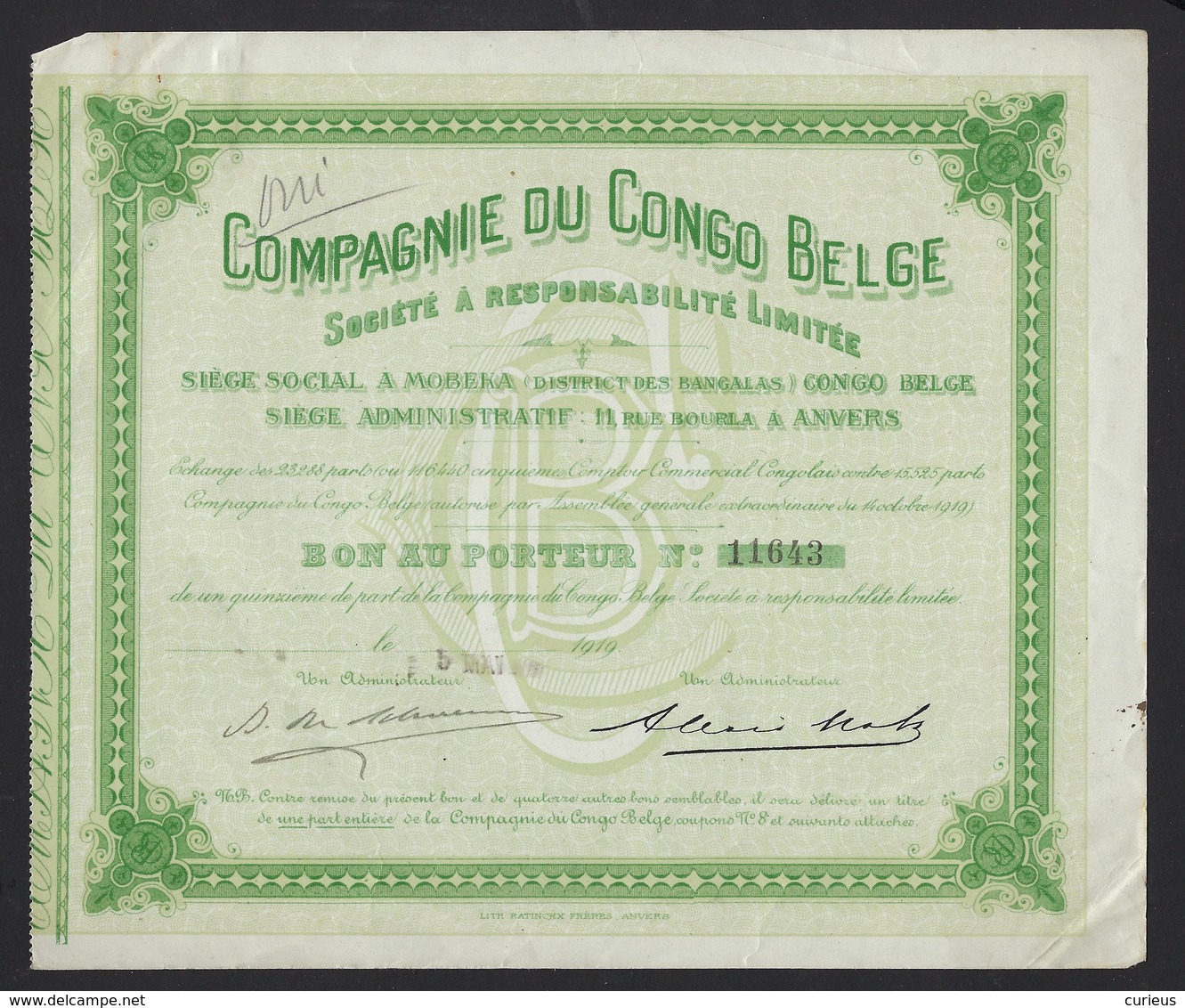 COMPAGNIE DU CONGO BELGE * SIEGE SOCIAL A MOBEKA * DISTRICT DES BANGALAS * 1919 * 22 X 18.5 CM - Afrique