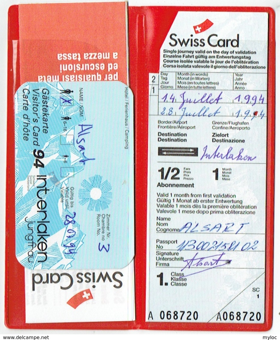 Swiss Card. Pochette Avec 2 Billets De Train 1ère Classe, Carte D'Hôte Et Notice Explicative. Interlaken Jungfrau 1994. - Europa