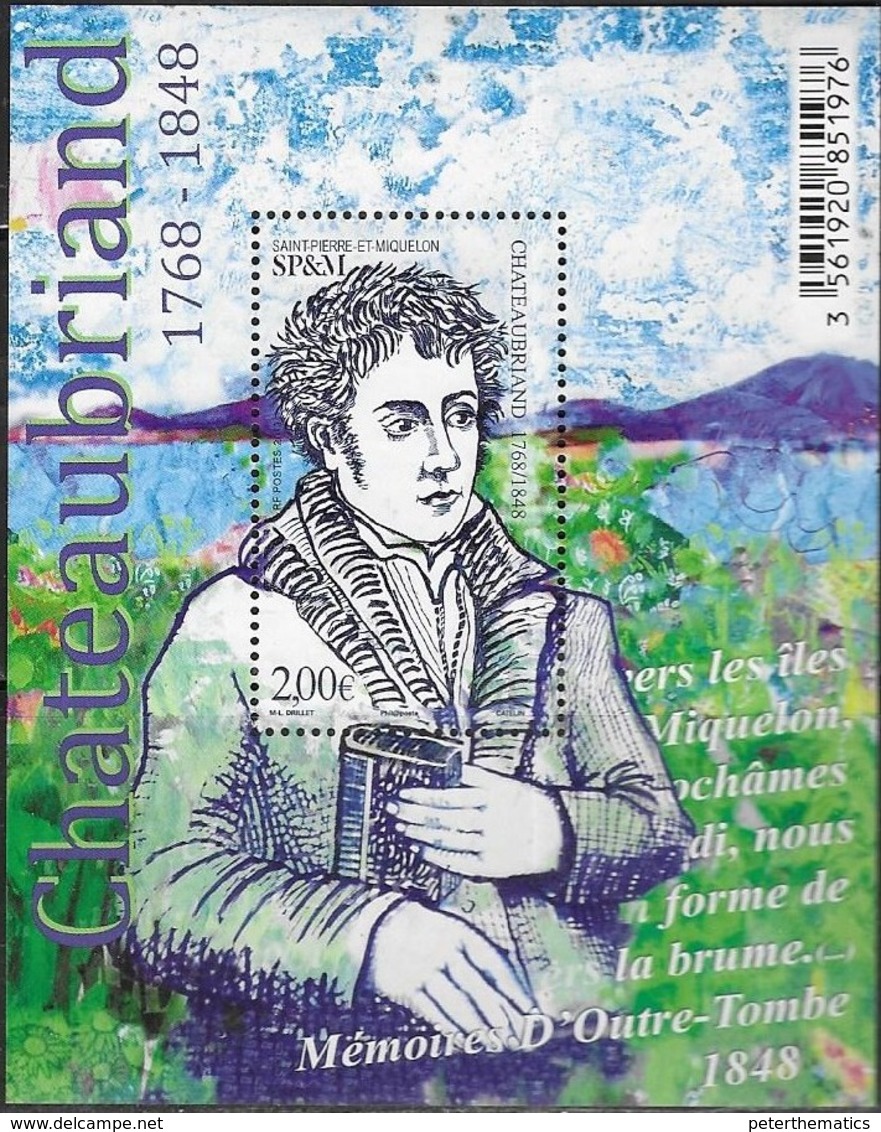 ST. PIERRE ET MIQUELON, SPM, 2019, MNH, POETS, WRITERS, CHATEAUBRIAND, S/SHEET - Writers