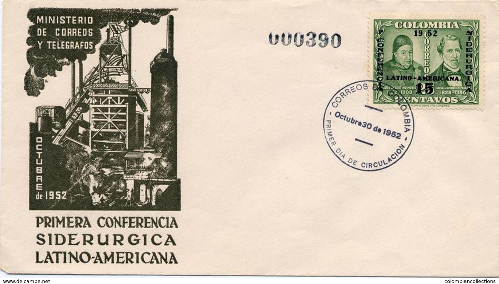Lote 741F, Colombia, 1952, SPD - FDC, 1ra Conferencia Siderurgica Latinoamericana, Mutis, Steel Industry - Colombia
