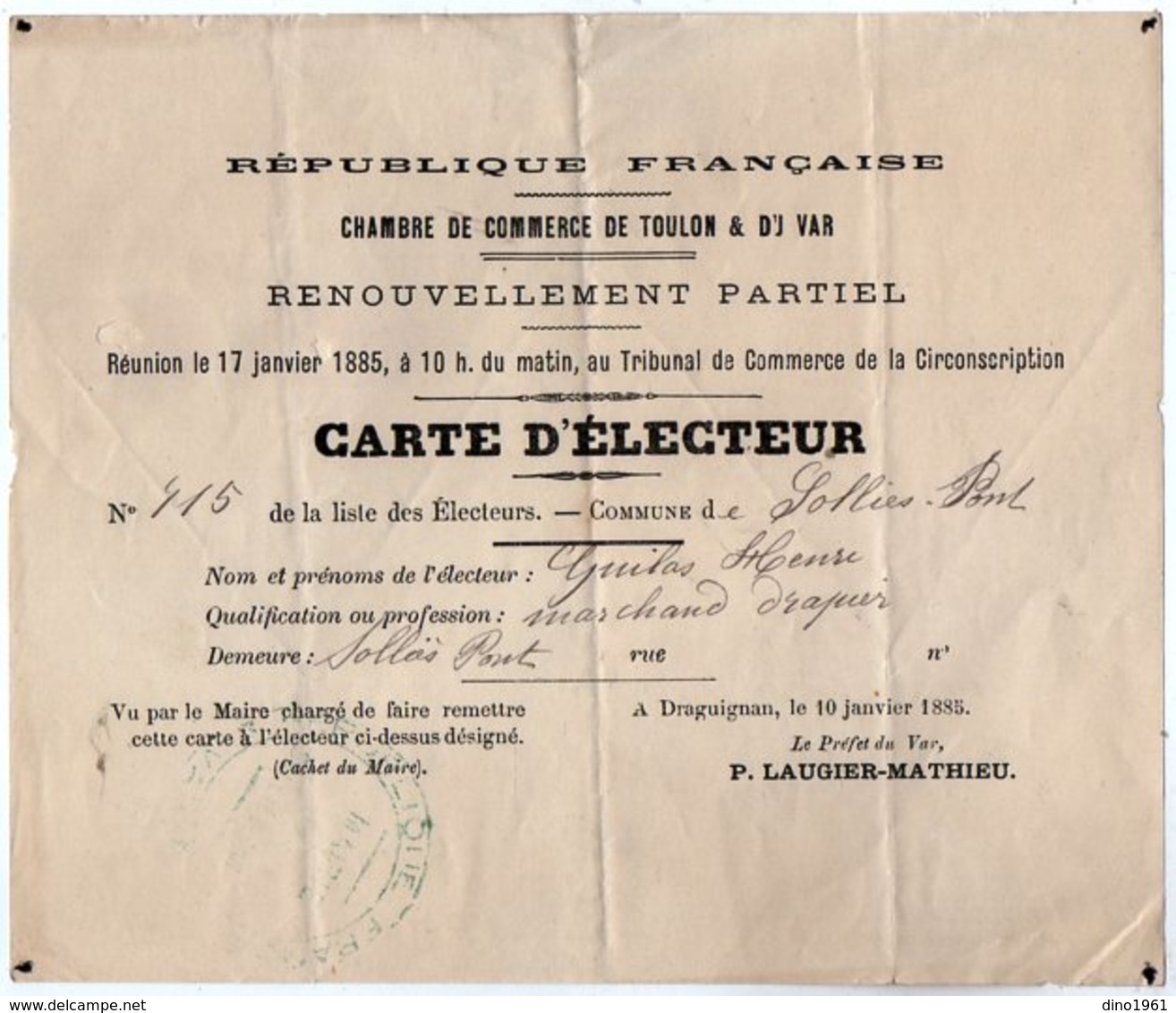 VP15.479 - DRAGUIGNAN 1885 - Carte D'Electeur - Mr Henri GUILAS Marchand Drapier à SOLLIES - PONT - Otros & Sin Clasificación