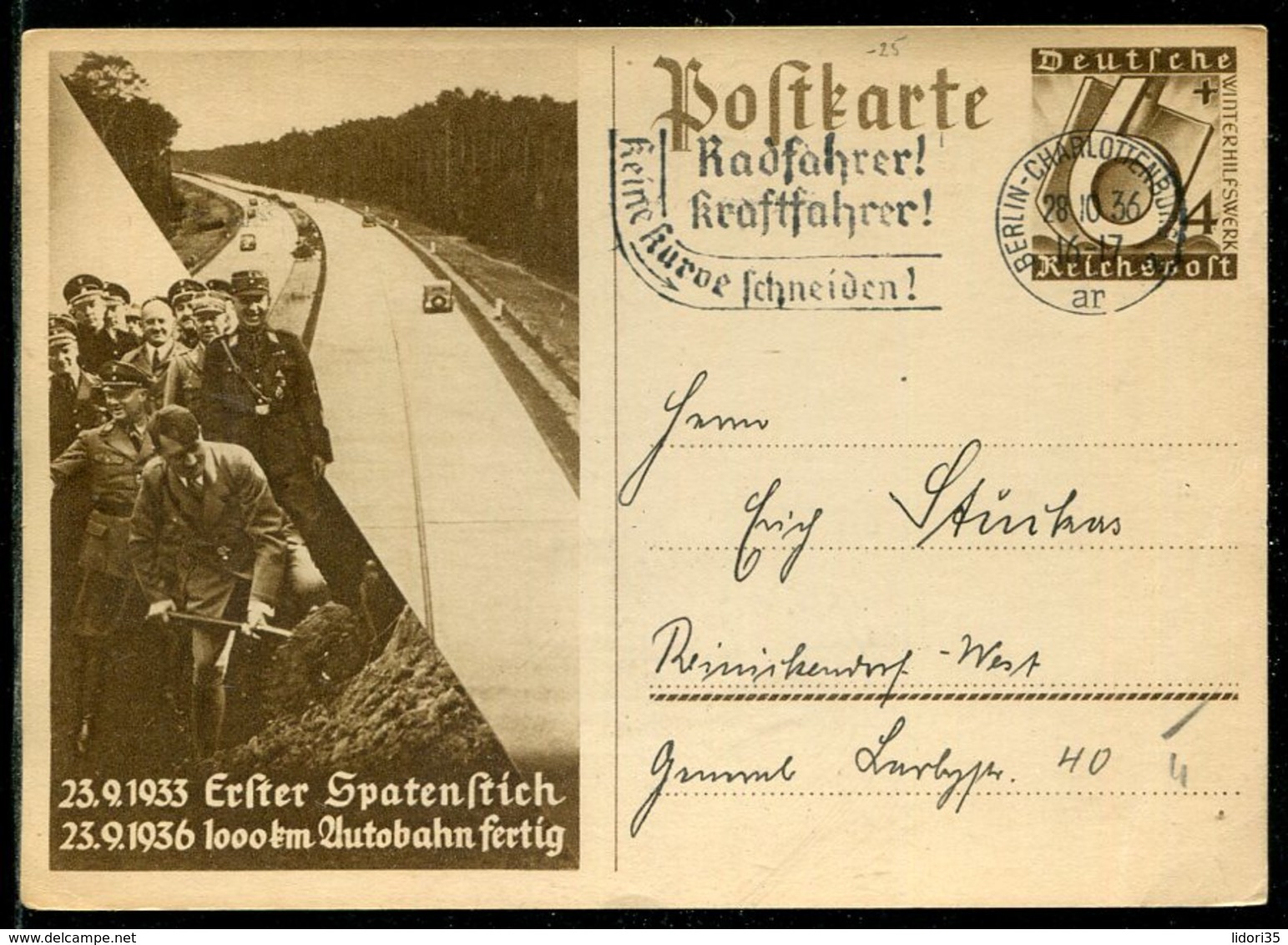 Deutsches Reich / 1938 / Sonderpostkarte Mi. P 263 Masch.-o Berlin-Charlottenb. "Radfahrer !, Kraftfahrer ! ..." (23284) - Sonstige & Ohne Zuordnung