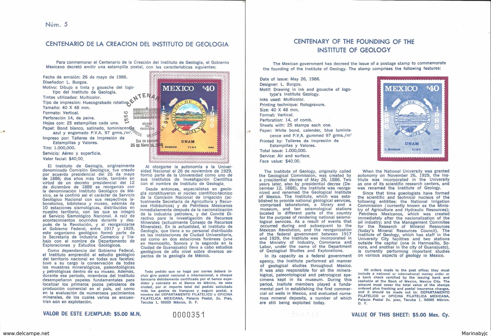 V) 1986 MEXICO, CENTENARY OF THE FOUNDING OF THE INSTITUTE OF GEOLOGY, FDB - Mexico