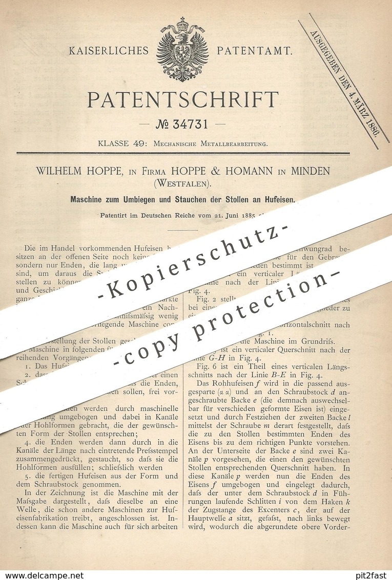 Original Patent - Wilhelm Hoppe | Hoppe & Homann , Minden , 1885 , Umbiegen Und Stauchen Der Stollen An Hufeisen | Huf - Historische Dokumente