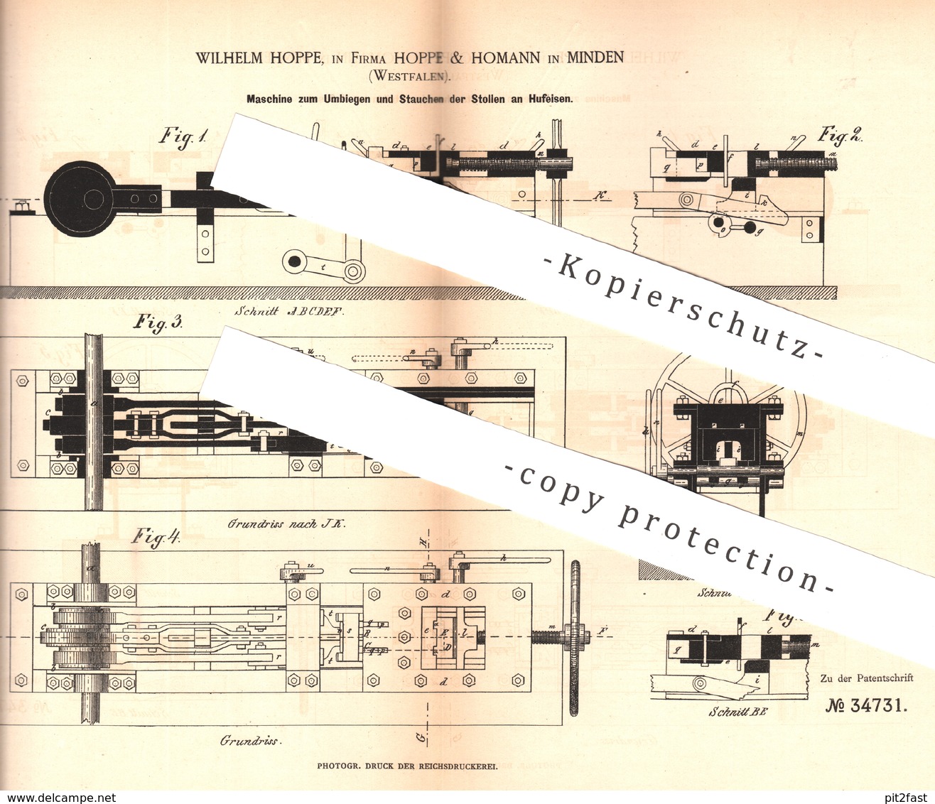 Original Patent - Wilhelm Hoppe | Hoppe & Homann , Minden , 1885 , Umbiegen Und Stauchen Der Stollen An Hufeisen | Huf - Historische Dokumente