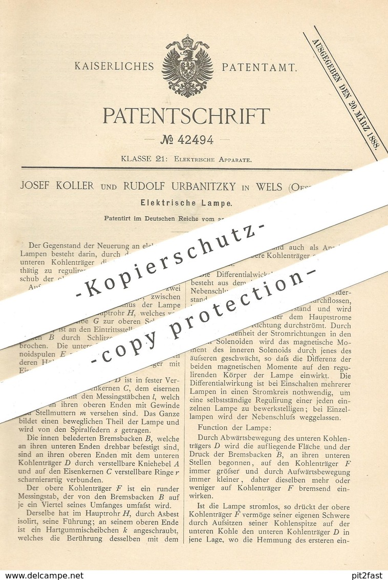 Original Patent - Josef Koller , Rudolf Urbanitzky , Wels , Österreich 1887 , Elektrische Lampe | Lampen , Licht , Strom - Historische Dokumente