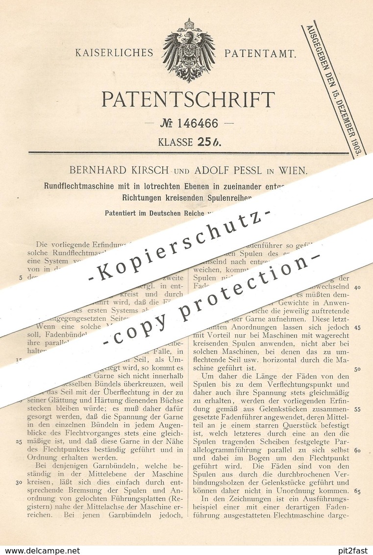 Original Patent - Bernhard Kirsch , Adolf Pessl , Wien  Österreich 1902 , Rundflechtmaschine | Flechtmaschine | Flechten - Historische Dokumente