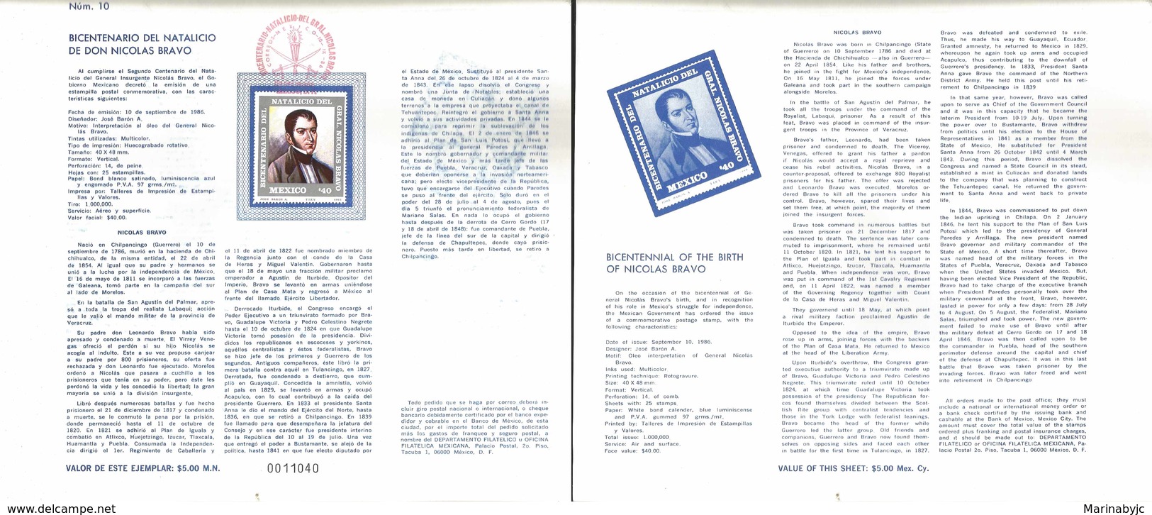 V) 1986 MEXICO, BICENTENNIAL OF THE BIRTH OF NICOLAS BRAVO, FDB - Mexico