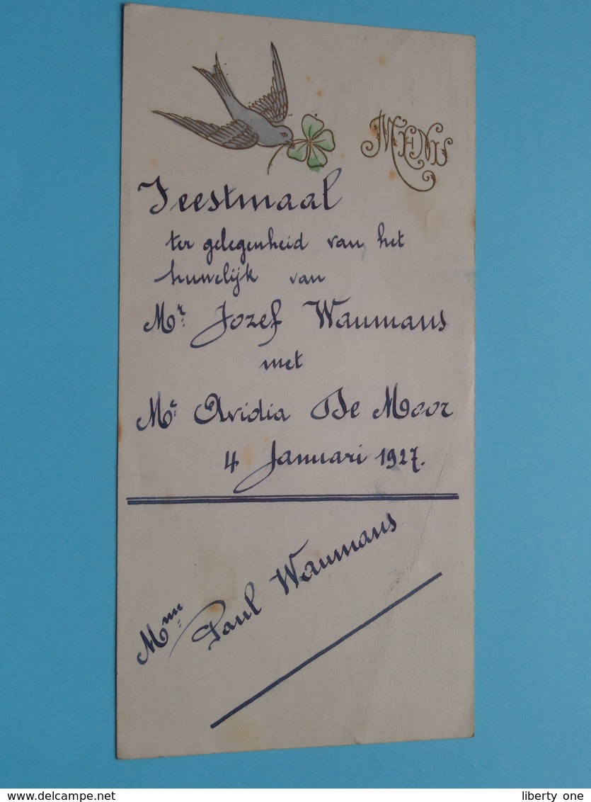 HUWELIJK 4 Januari1927 ( Waumans / De Moor ) Feestmaal / Spijskaart ( Voir / Zie Foto's Voor Detail ) ! - Menus