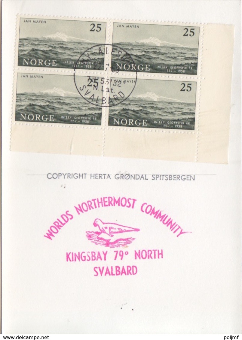 Norvège, CP (Svalbardfarere) Obl Ny-Älesund Le 22/7/59 Sur N° 376 X 4 (Jan Mayen) + Cachet Kingsbay - Covers & Documents