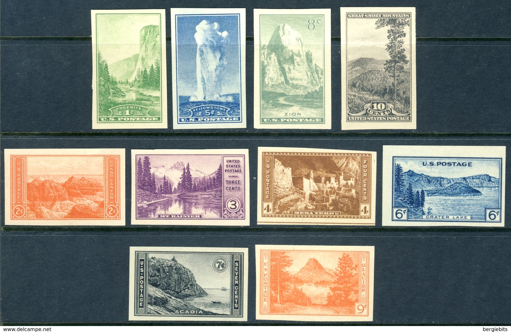 1935 United Sates MNH "NO GUM SPECIAL PRINTING" IMPERF.complete Set Of 10 Stamps "National Parks756-765 - Unused Stamps