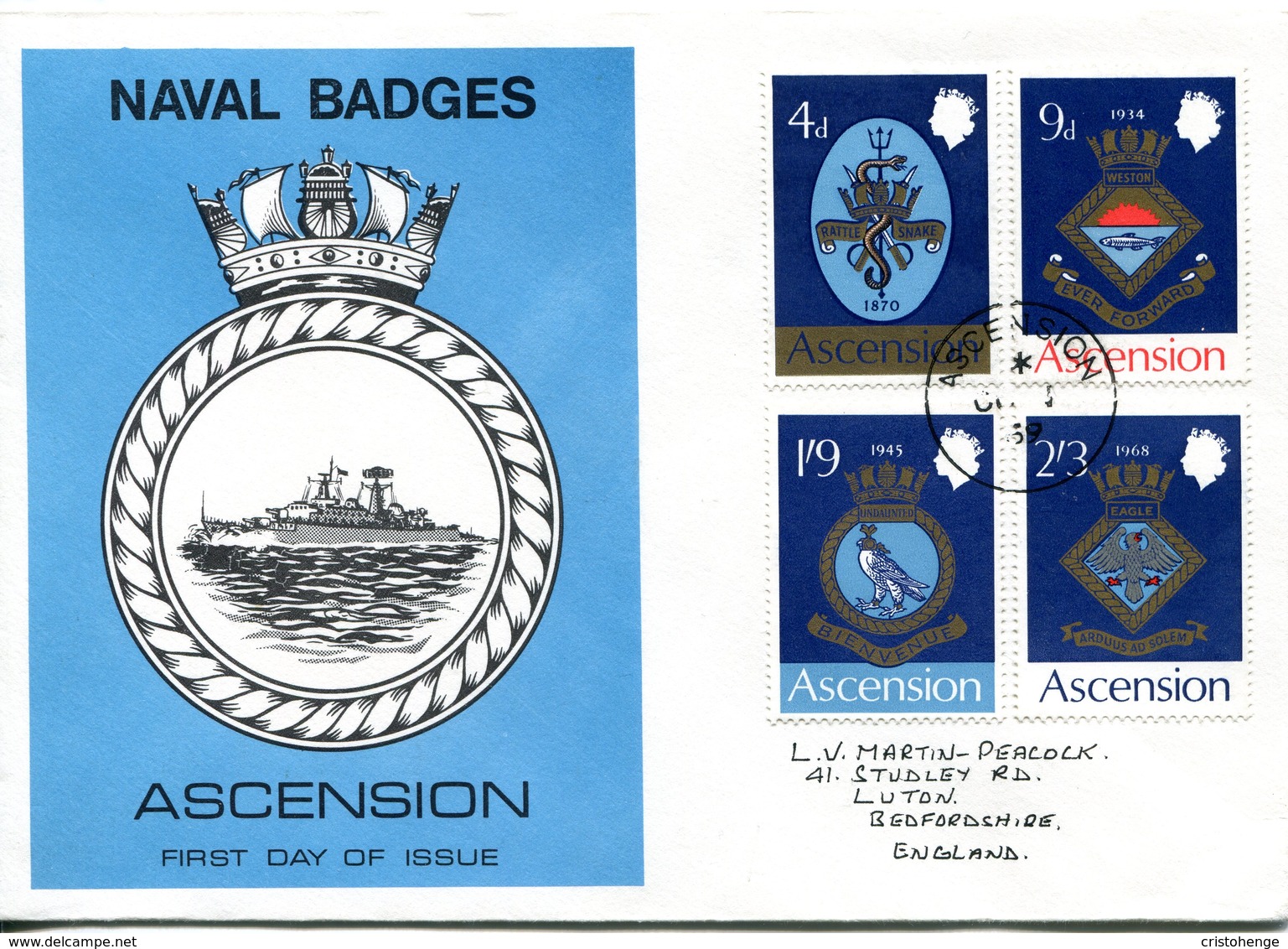 Ascension 1969 Royal Navy Crests - 1st Issue - FDC Cover - Ascension (Ile De L')
