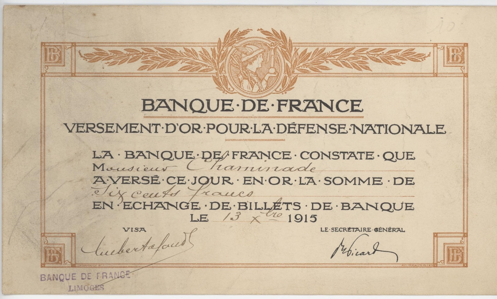 Banque De France Versement D'Or Pour La Défense Nationale 13.X.1915 Limoges Généalogie Chaminade - 1900 – 1949