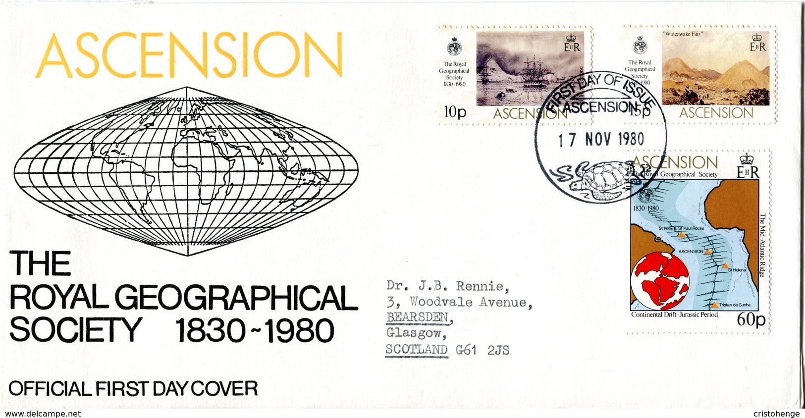 Ascension 1980 150th Anniversary Of The Royal Geographical Society FDC Cover - Tone Spots - Ascension (Ile De L')