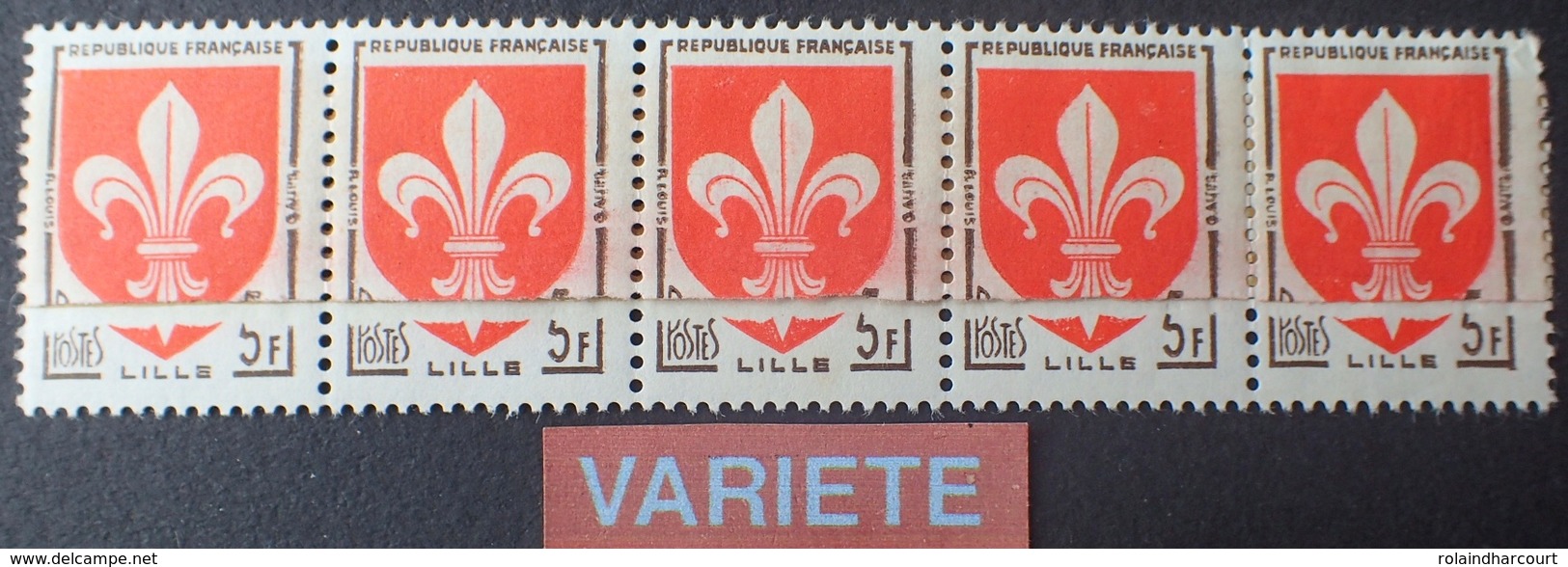 R1615/694 - 1958 - BLASON De LILLE - N°1186a (x5) TIMBRES NEUFS** - VARIETE ➤➤➤ Impression Sur Raccord - Cote : 550,00 € - Neufs