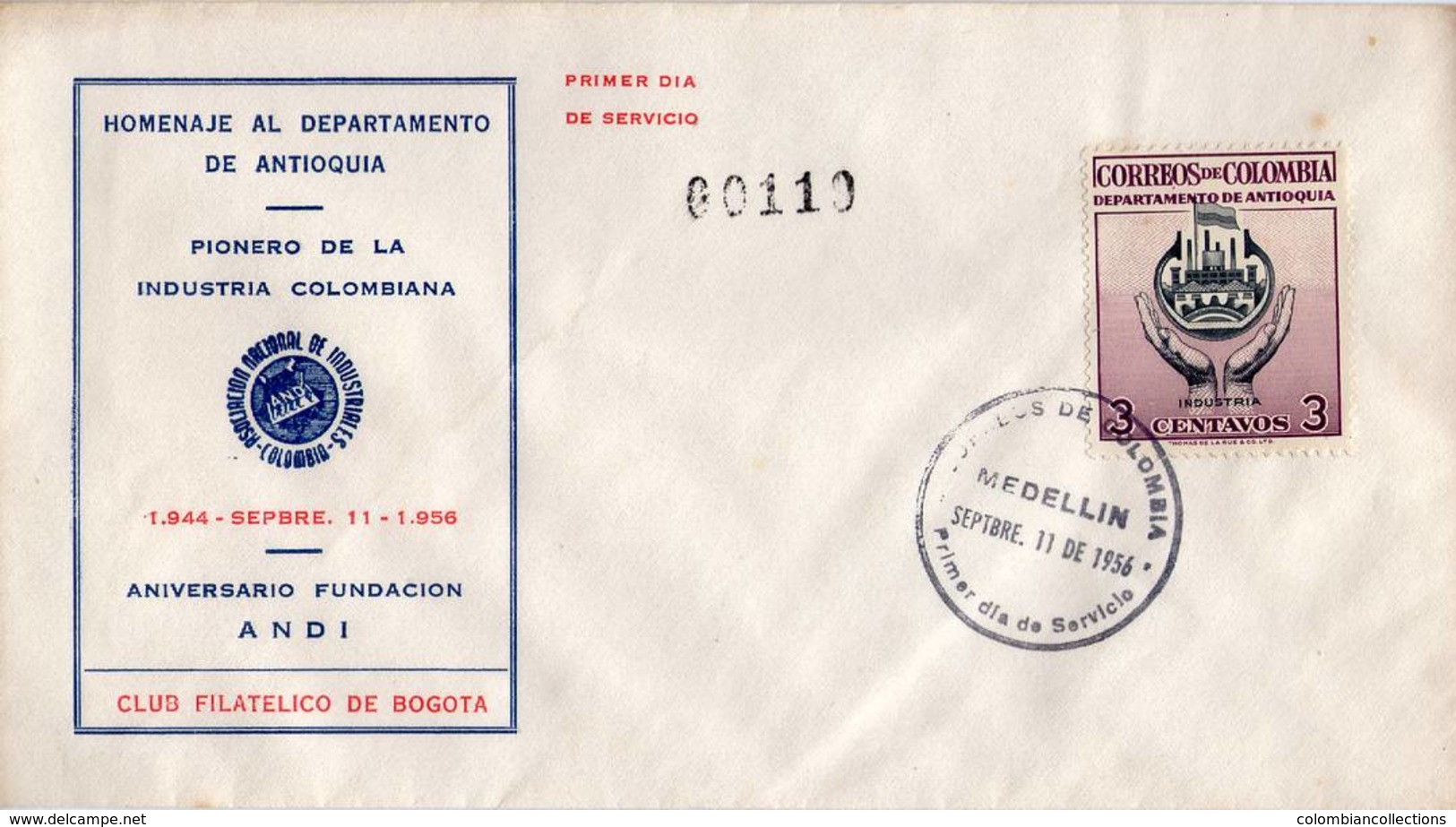 Lote 836mF, Colombia, 1956, SPD-FDC, Departamentos De Colombia, Antioquia, Industria, Industry, Medellin - Colombia