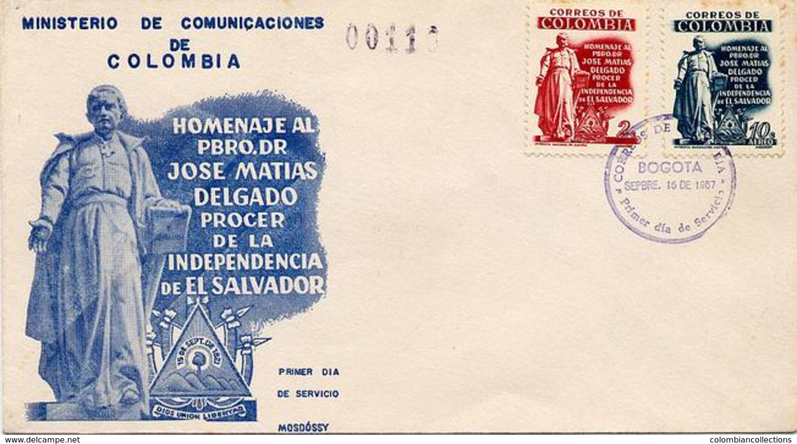 Lote 883-4F, Colombia, 1956, SPD-FDC, Matias Delgado. Procer Del Salvador, Procer - Colombia