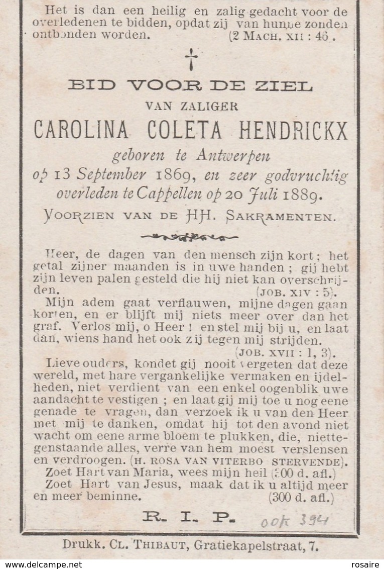 Carolina Coleta Hendrickx-antwerpen 1869-cappellen 1889 - Images Religieuses
