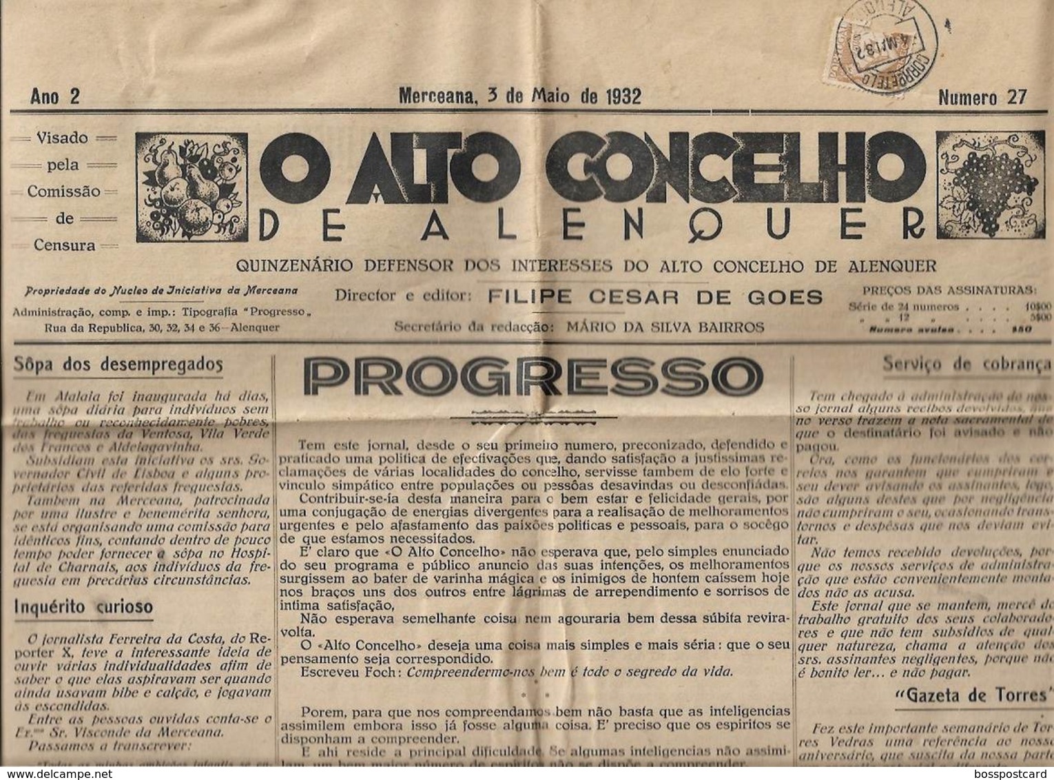 Alenquer - Jornal "O Alto Concelho" Nº 27 De 3 De Maio De 1932 - Imprensa - Filatelia - Allgemeine Literatur
