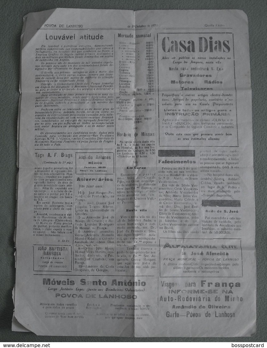 Póvoa De Lanhoso - Jornal "Póvoa De Lanhoso" Nº 1995 De 3 De Outubro De 1970 - Imprensa. Braga. - Informations Générales