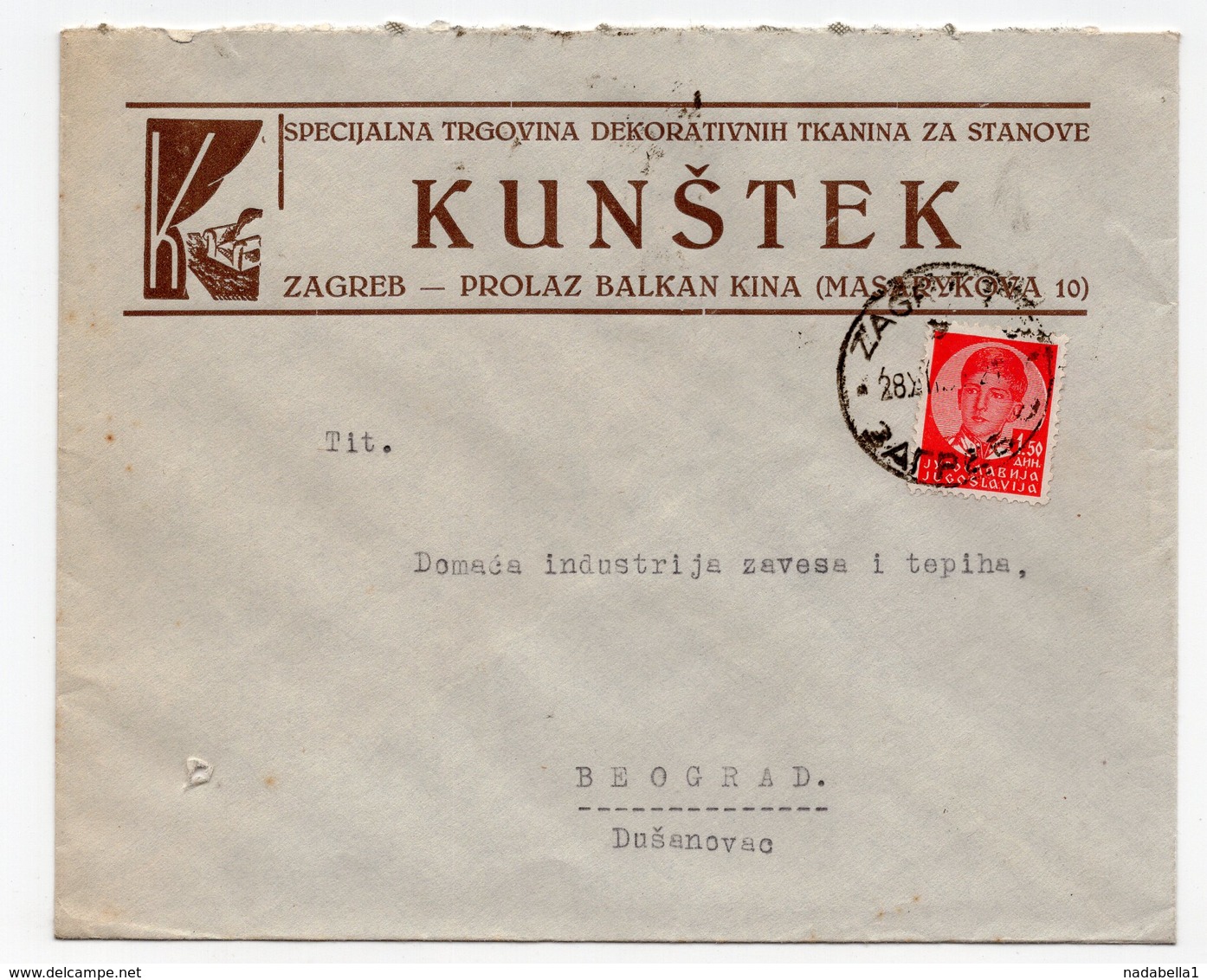1930s  YUGOSLAVIA, CROATIA, ZAGREB TO BELGRADE, KUNSTEK, COMPANY LETTERHEAD COVER - Covers & Documents