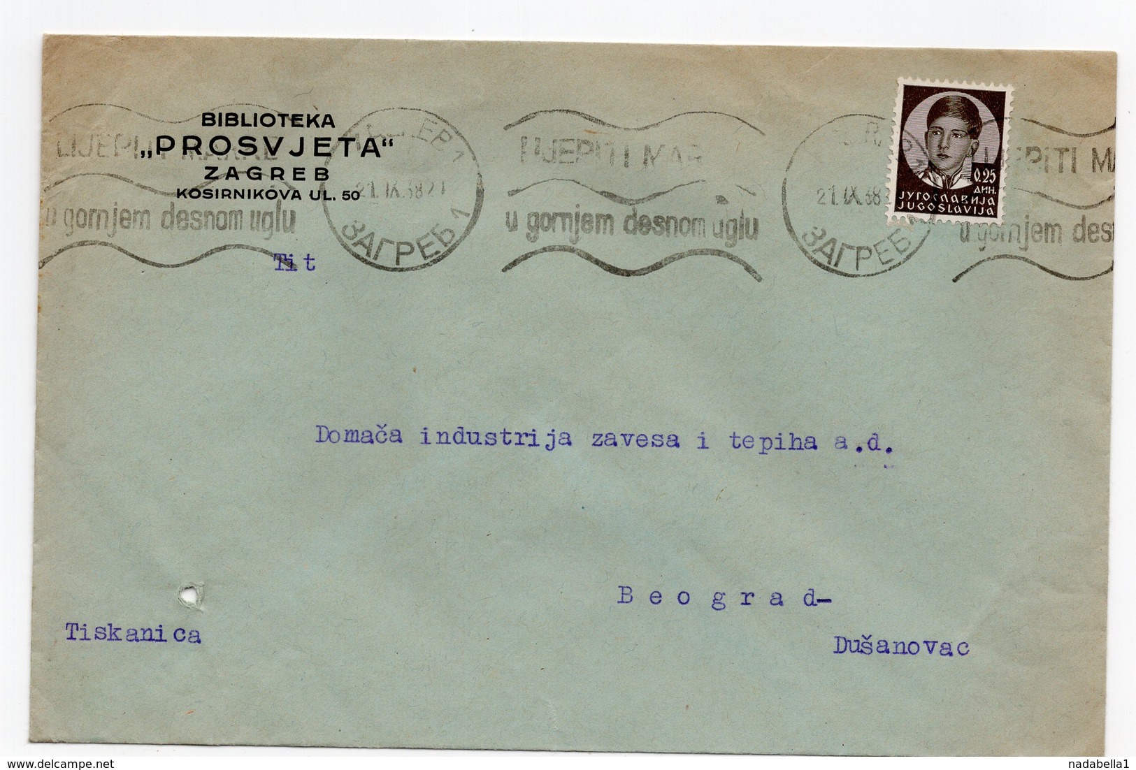 1938 YUGOSLAVIA, CROATIA, ZAGREB TO BELGRADE, PROSVJETA LIBRARY, COMPANY LETTERHEAD COVER - Briefe U. Dokumente