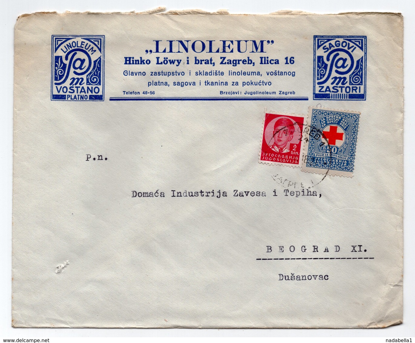 1938 YUGOSLAVIA, CROATIA, ZAGREB TO BELGRADE, LINOLEUM, HINKO LOWY & BROTHER, COMPANY LETTERHEAD COVER, RED CROSS STAMP - Covers & Documents
