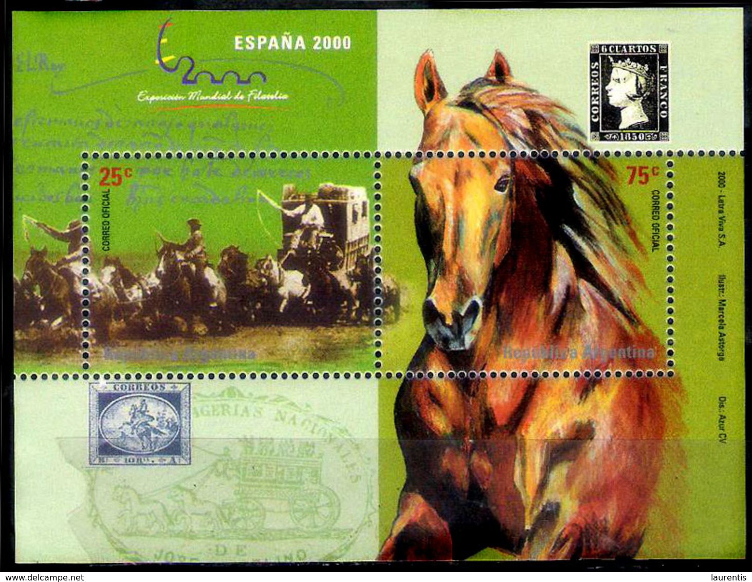 233  Horses - Coaches - Stamp On Stamp - Argentina Yv B74 - No Gum - Free Shipping - 1,50 (5) - Pferde