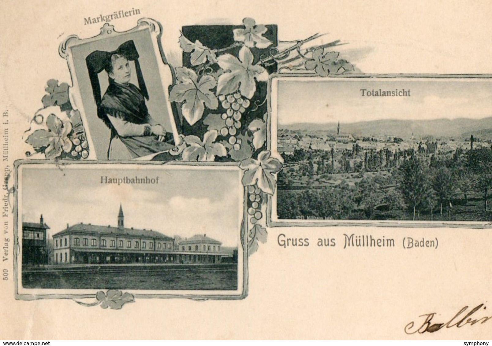 Allemagne. CPA.  MUELLHEIM. MULLHEIM.  Gruss Aus Müllheim, Markgräflerin, Totalansicht, Hauptbanhof. 1903. - Muellheim