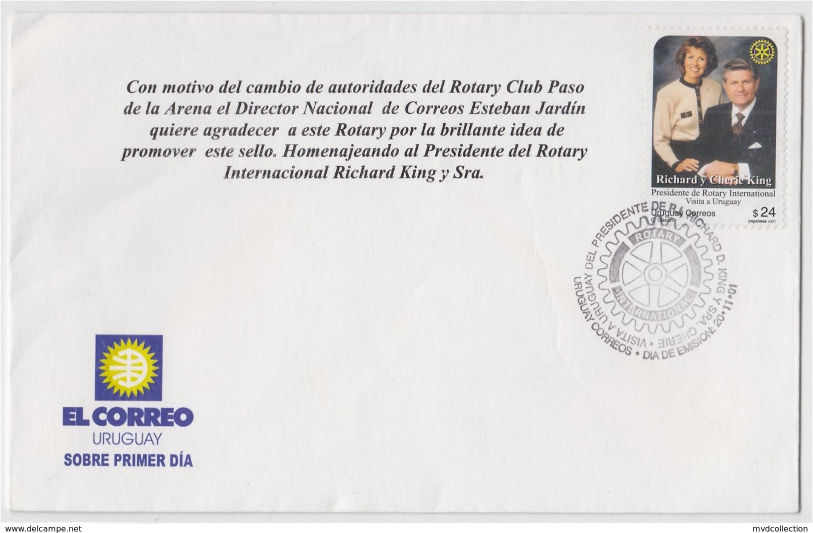 Uruguay FDC Visita PRESIDENT ROTARY INTERNATIONAL 2001 - Rotary, Club Leones