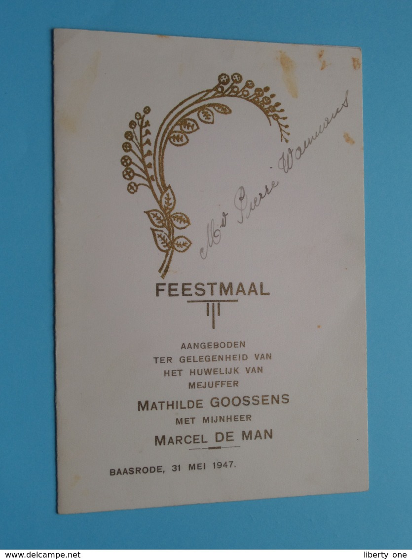 Huwelijk > Mathilde GOOSSENS & Marcel DE MAN Baasrode 31 Mei 1947 ( Voir / Zie Foto's Voor Detail ) Waumans ! - Menus