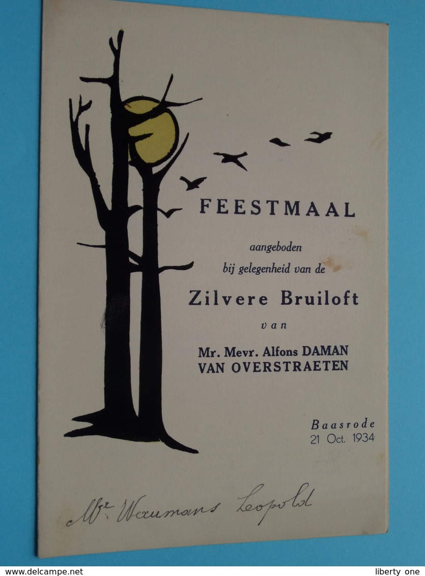 ZILVERE Bruiloft Alfons DAMAN - Van OVERSTRAETEN Baasrode 21 Oct 1934 ( Voir / Zie Foto's Voor Detail ) Waumans ! - Menus