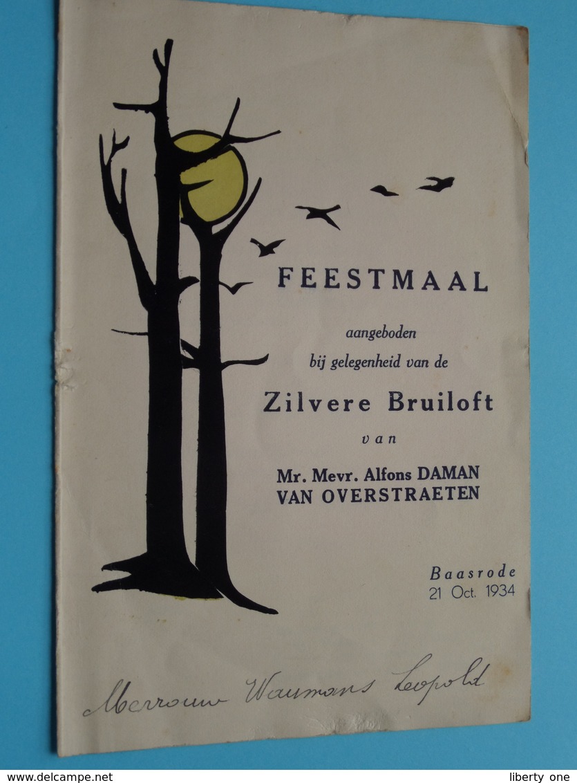 ZILVERE Bruiloft Alfons DAMAN - Van OVERSTRAETEN Baasrode 21 Oct 1934 ( Voir / Zie Foto's Voor Detail ) Waumans ! - Menus